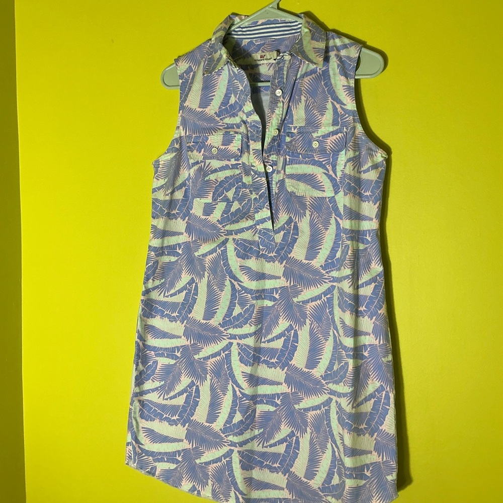 Vineyard Vines Blue and Green Leaf Print Dress